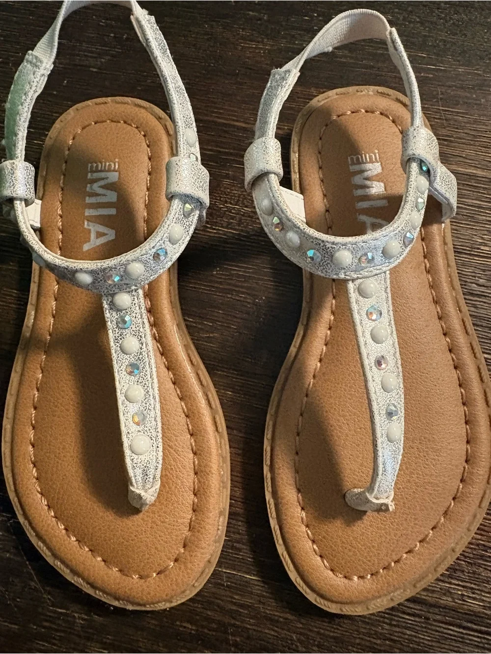 Girls' White Metallic T-Strap Sandals with Rhinestones